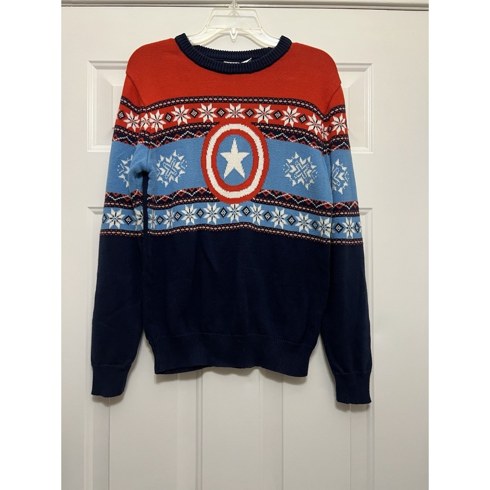 Marvel Captain America‎ Ugly Christmas Sweater Men's Size Small Snowflakes